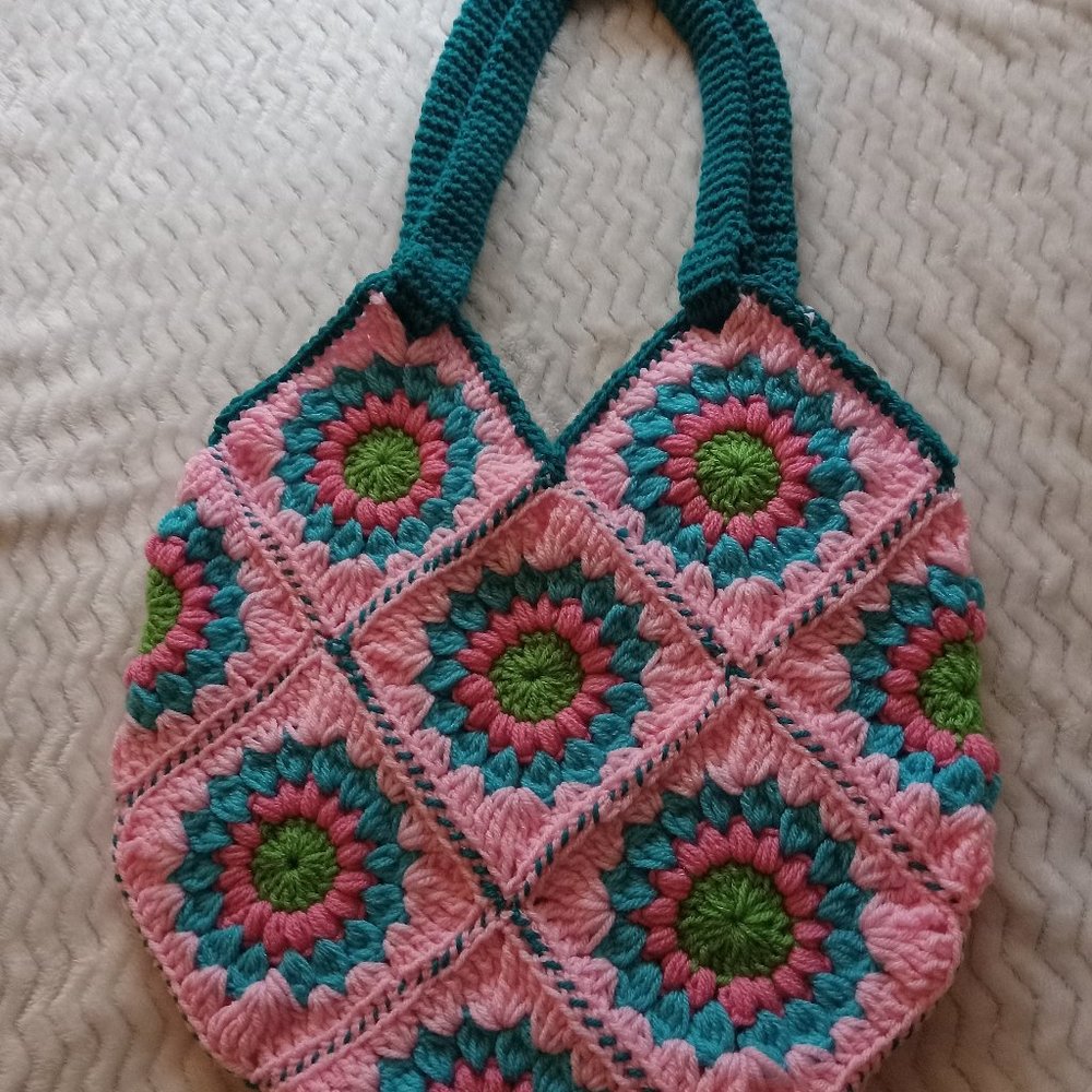 Crochet Granny Square Tote bag - Pink and Teal